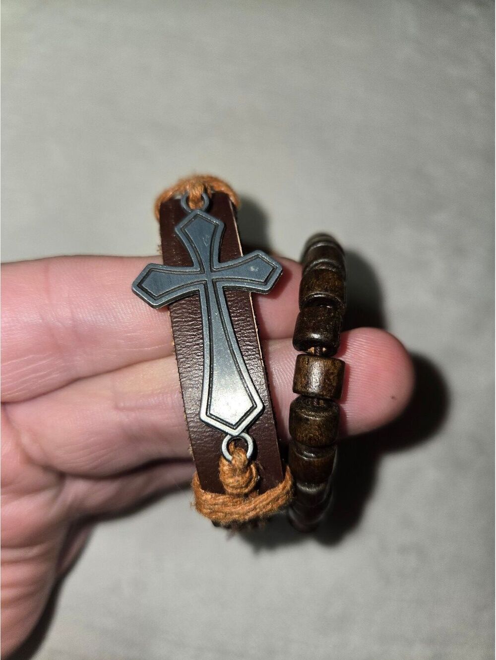 Set of Two Men's Brown Leather and Wooden Bead Bracelets with Cross Charm